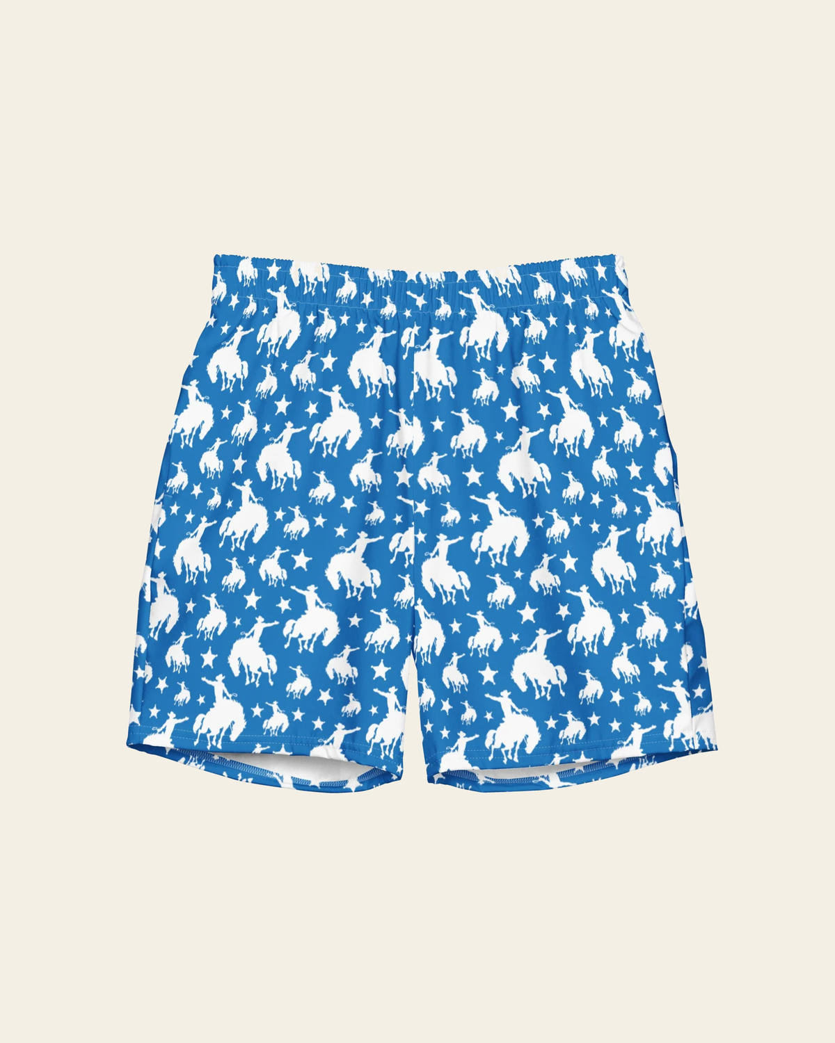 Baha Ranch Yeehaw Blue Rodeo Cowboy Men's Swim Trunks on a warm cream background