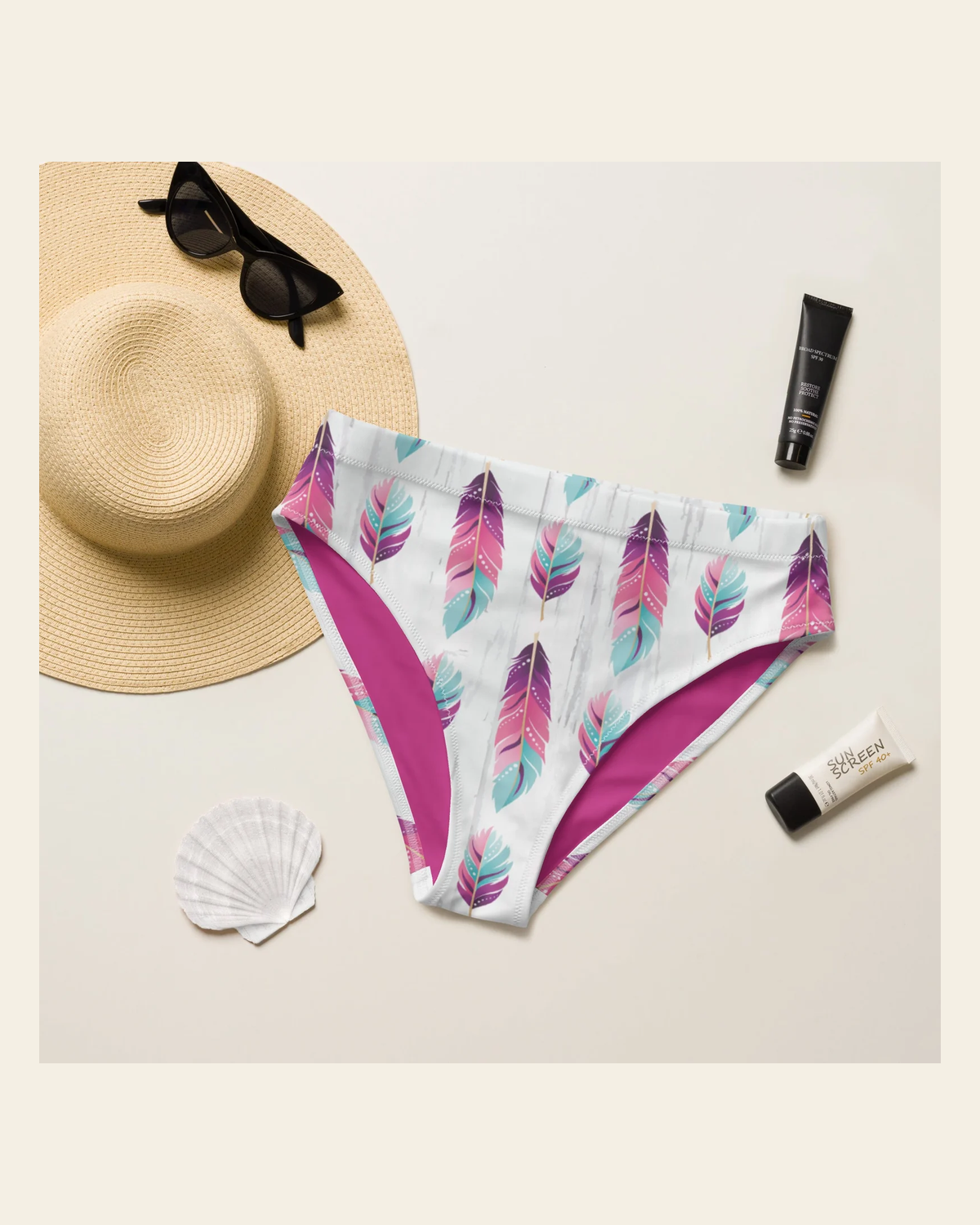 Baha Ranch Yeehaw Boho Feather Bikini Bottom on a warm cream background