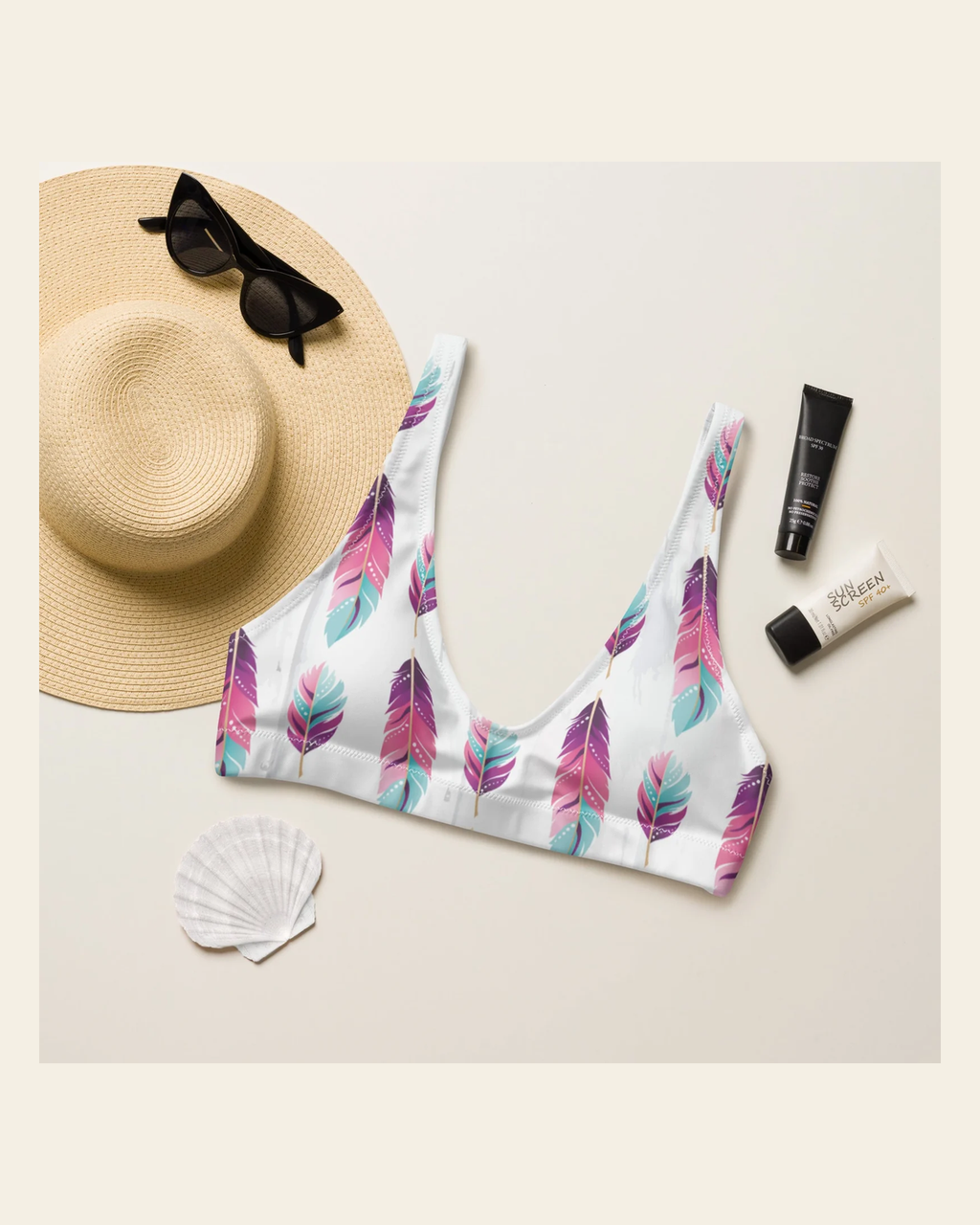 Baha Ranch Yeehaw Boho Feather Bikini Top on a warm cream background