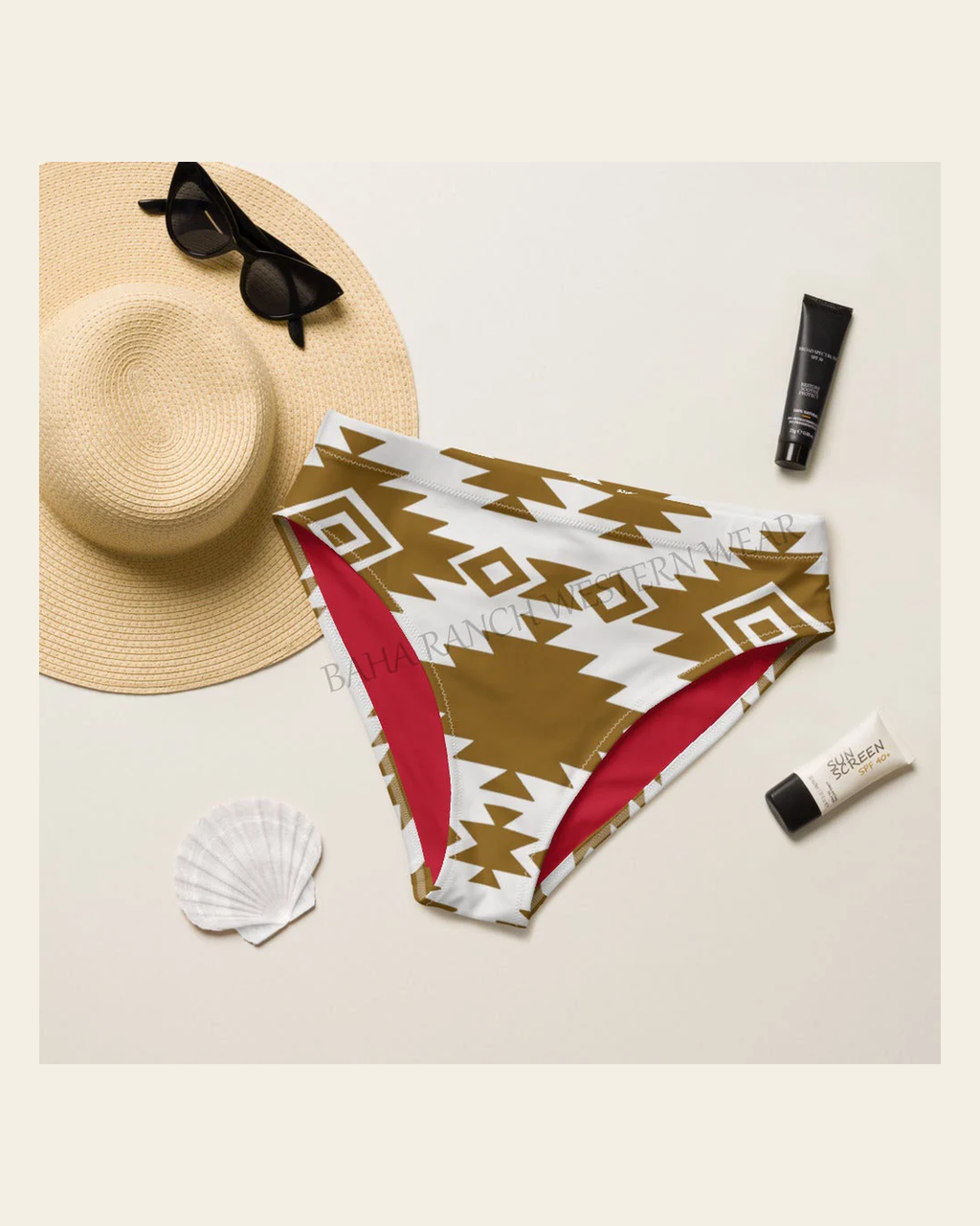 Baha Ranch Yeehaw Bold Brown Aztec Bikini Bottom on a warm cream background