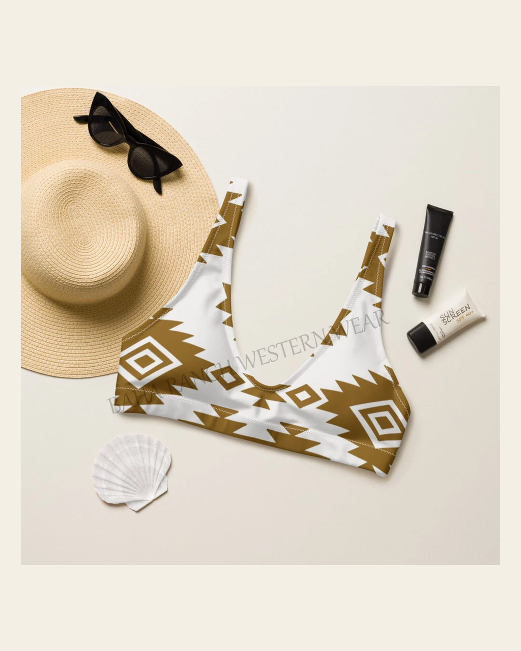 Baha Ranch Yeehaw Bold Brown Aztec Bikini Top on a warm cream background
