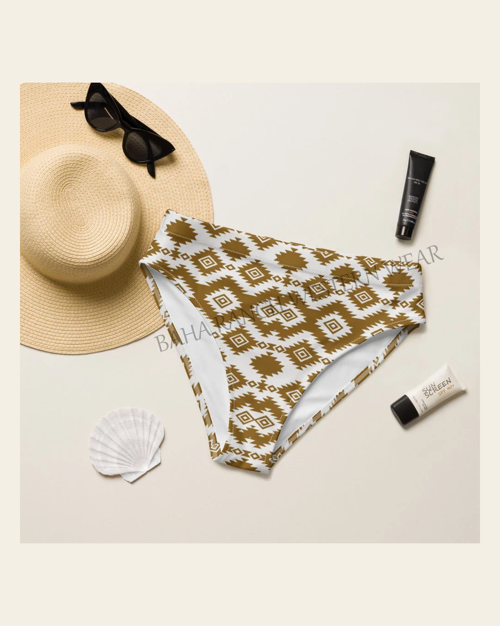 Baha Ranch Yeehaw Brown Aztec Bikini Bottom on a warm cream background