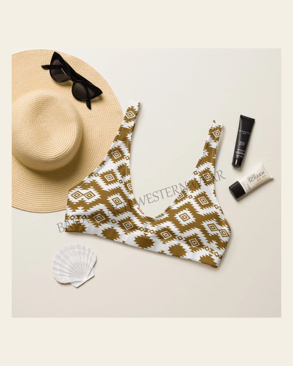 Baha Ranch Yeehaw Brown Aztec Bikini Top on a warm cream background