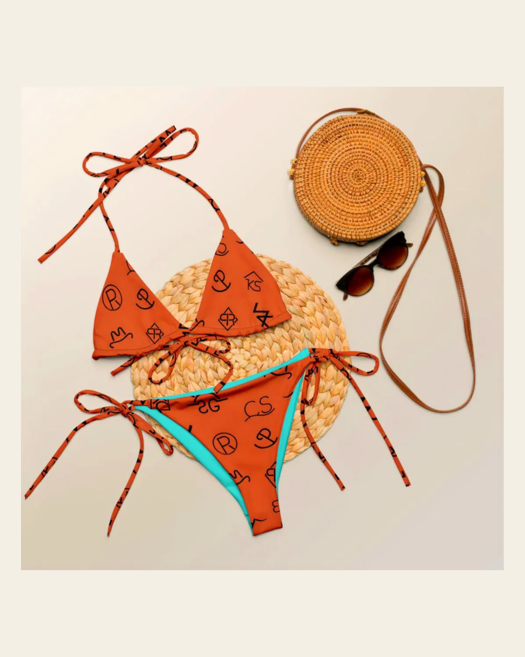 Baha Ranch Yeehaw Brown Cattle Brand String Bikini on a warm cream background