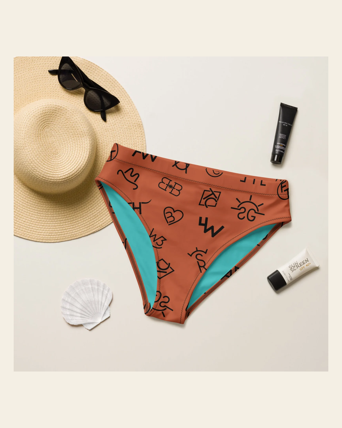 Baha Ranch Yeehaw Brown Cattle Brands Bikini Bottom on a warm cream background
