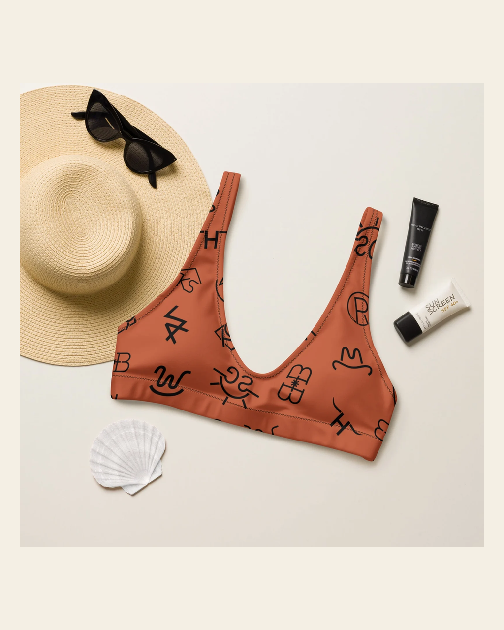 Baha Ranch Yeehaw Brown Cattle Brands Bikini Top on a warm cream background