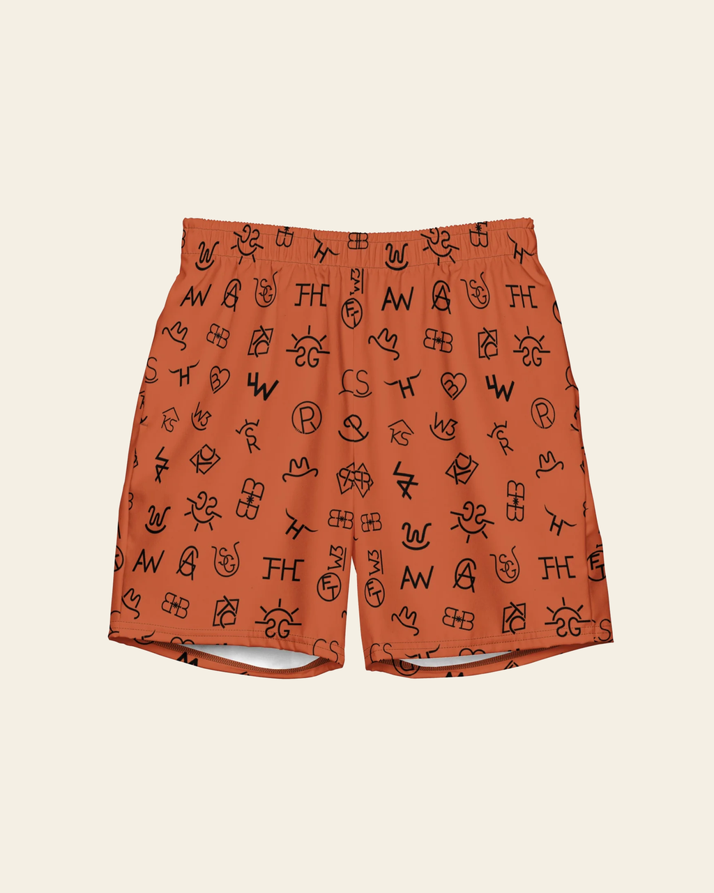 Baha Ranch Yeehaw Brown Cattle Brands Men's Swim Trunks on a warm cream background