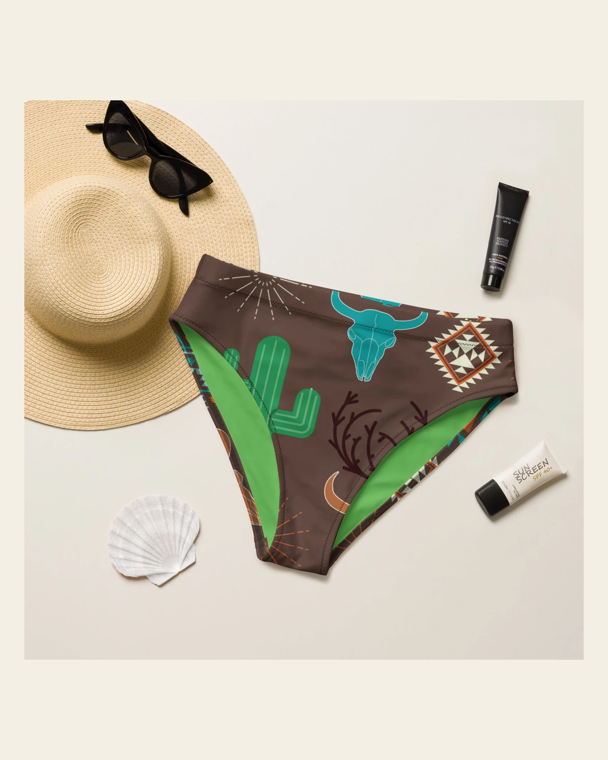 Baha Ranch Yeehaw Bullhead Cactus Bikini Bottom on a warm cream background