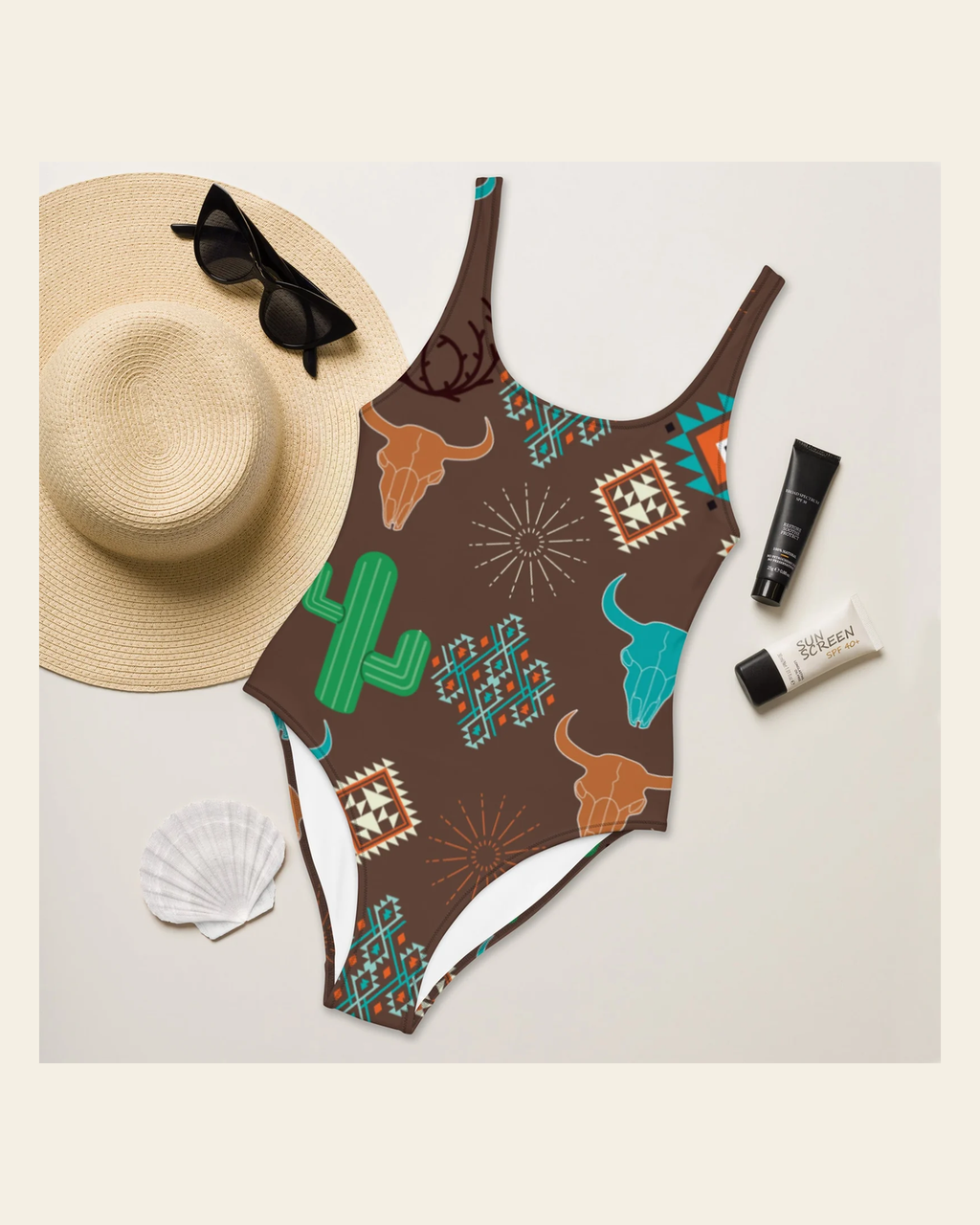 Baha Ranch Yeehaw Bullhead Cactus One-Piece Swimsuit on a warm cream background