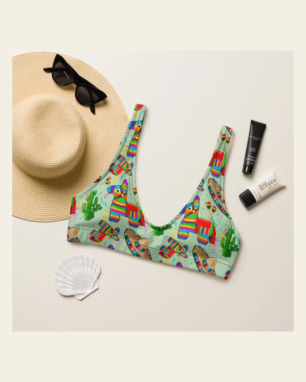 Baha Ranch Yeehaw Cinco De Mayo Bikini Top on a warm cream background