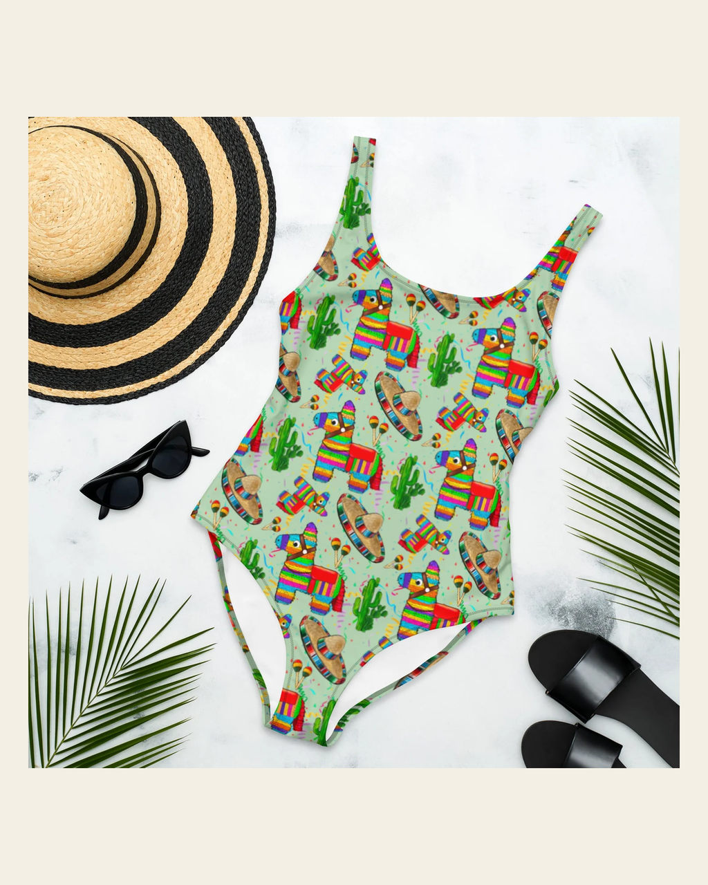 Baha Ranch Yeehaw Cinco De Mayo One-Piece Swimsuit on a warm cream background
