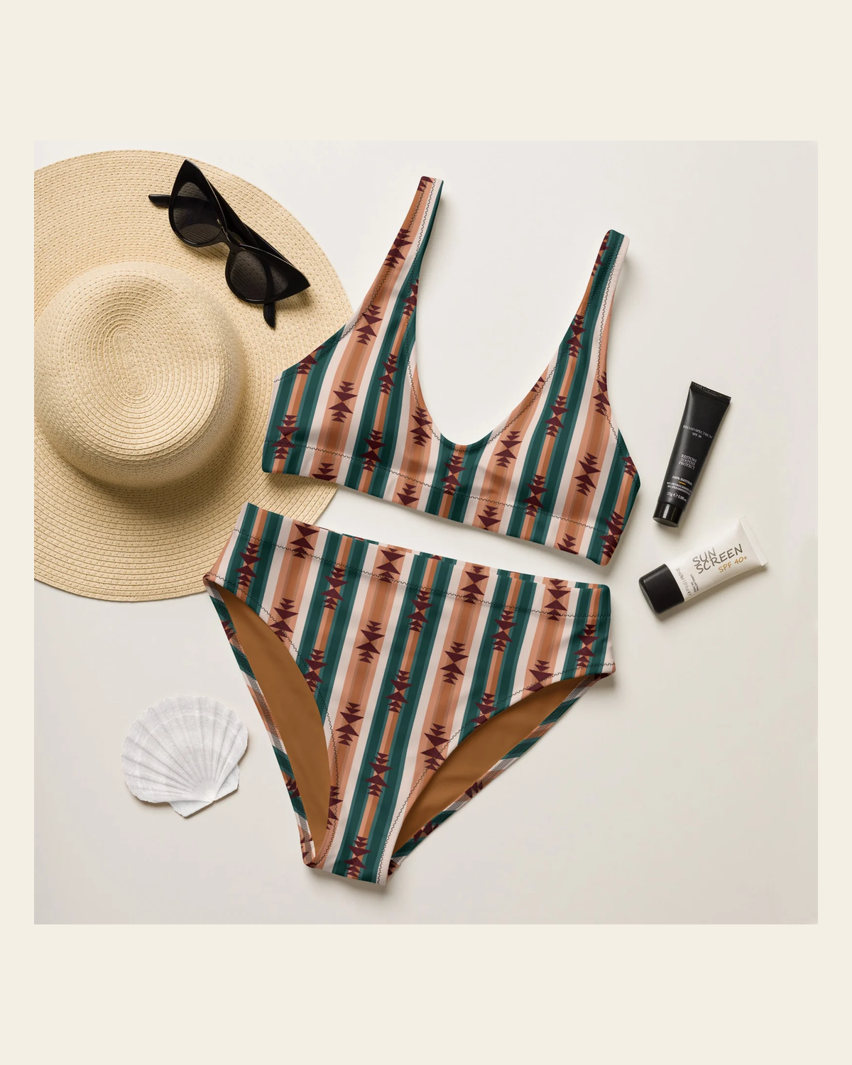 Baha Ranch Yeehaw Cocoa Aztec Bikini on a warm cream background