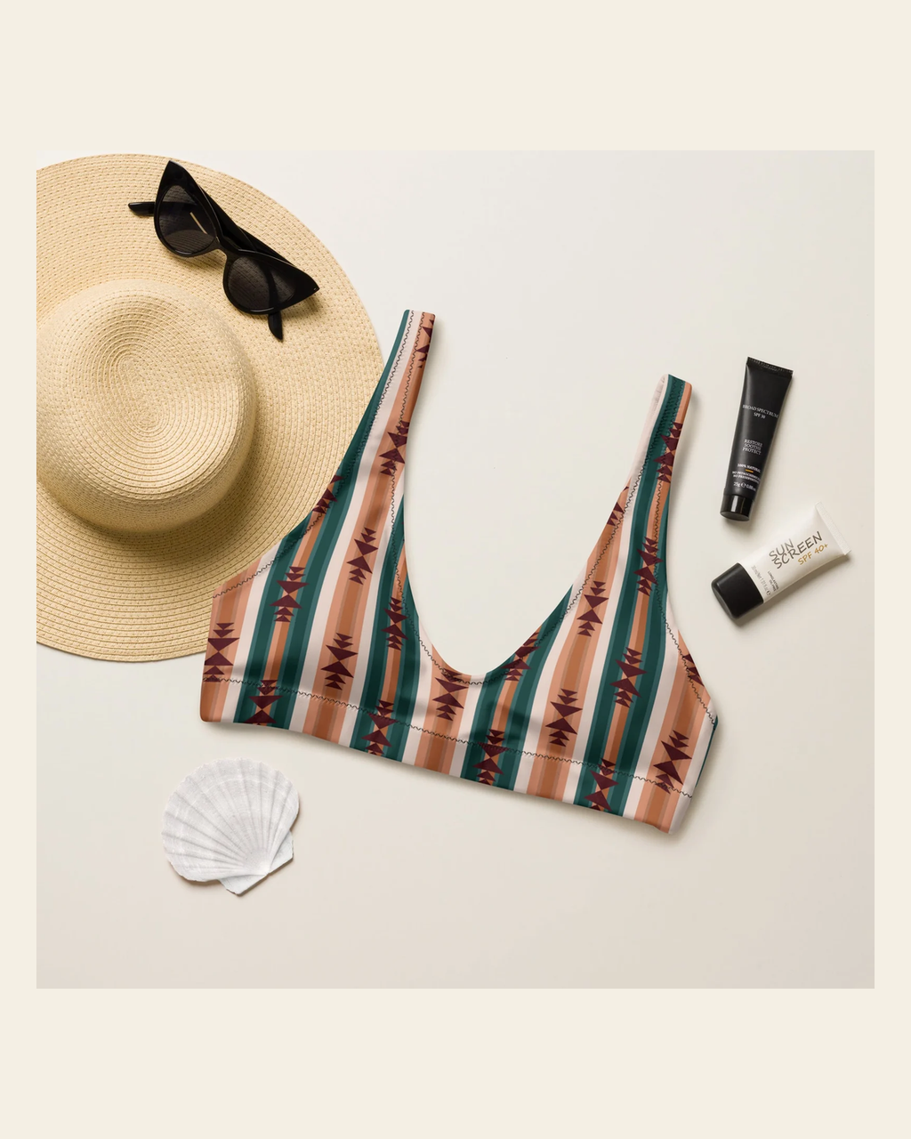 Baha Ranch Yeehaw Cocoa Aztec Bikini Top on a warm cream background