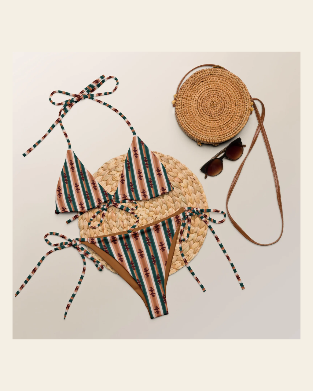 Baha Ranch Yeehaw Cocoa Aztec String Bikini on a warm cream background