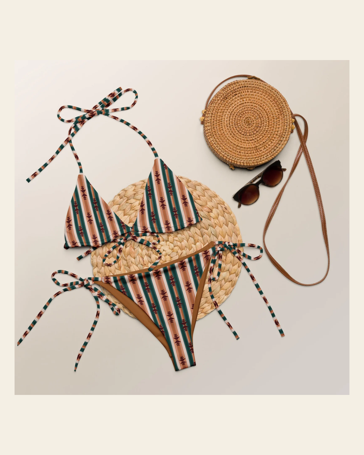 Baha Ranch Yeehaw Cocoa Aztec String Bikini on a warm cream background