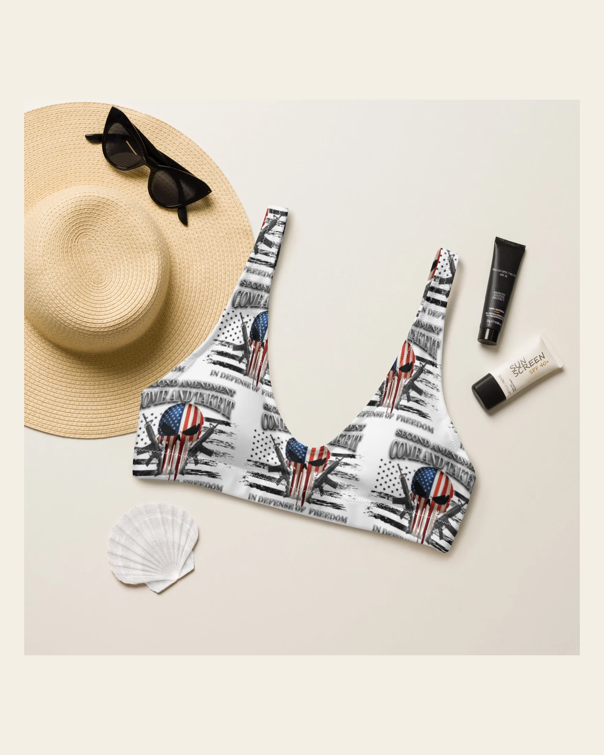 Baha Ranch Yeehaw Come & Take It Bikini Top on a warm cream background