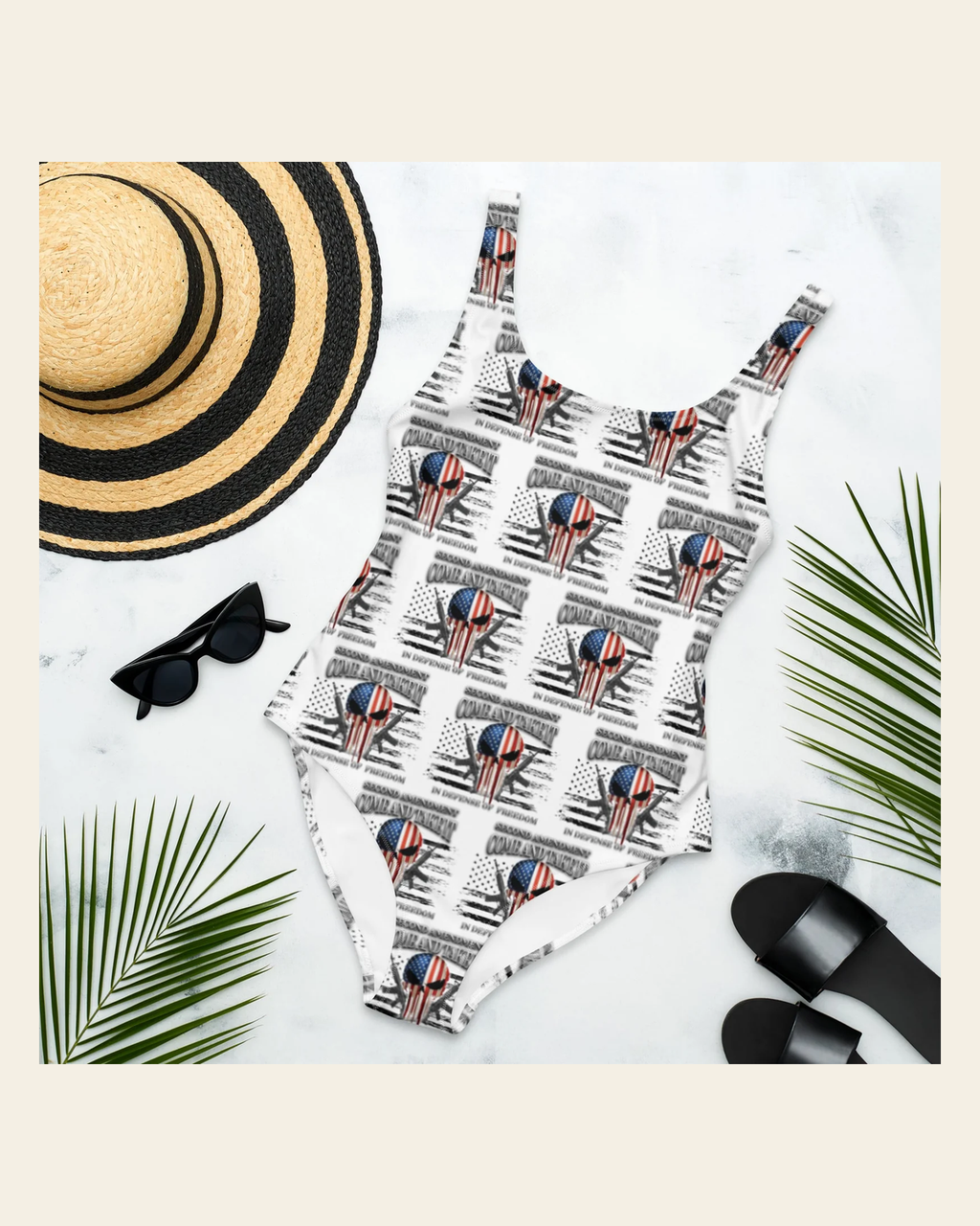 Baha Ranch Yeehaw Come & Take It One-Piece Swimsuit on a warm cream background