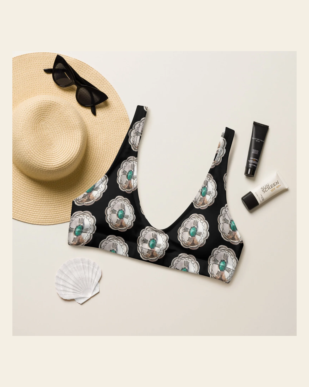 Baha Ranch Yeehaw Concho Crazy Bikini Top on a warm cream background