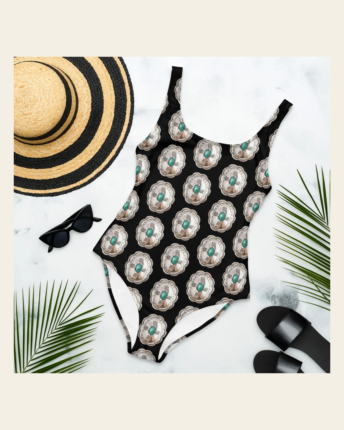 Baha Ranch Yeehaw Concho Crazy One-Piece Swimsuit on a warm cream background