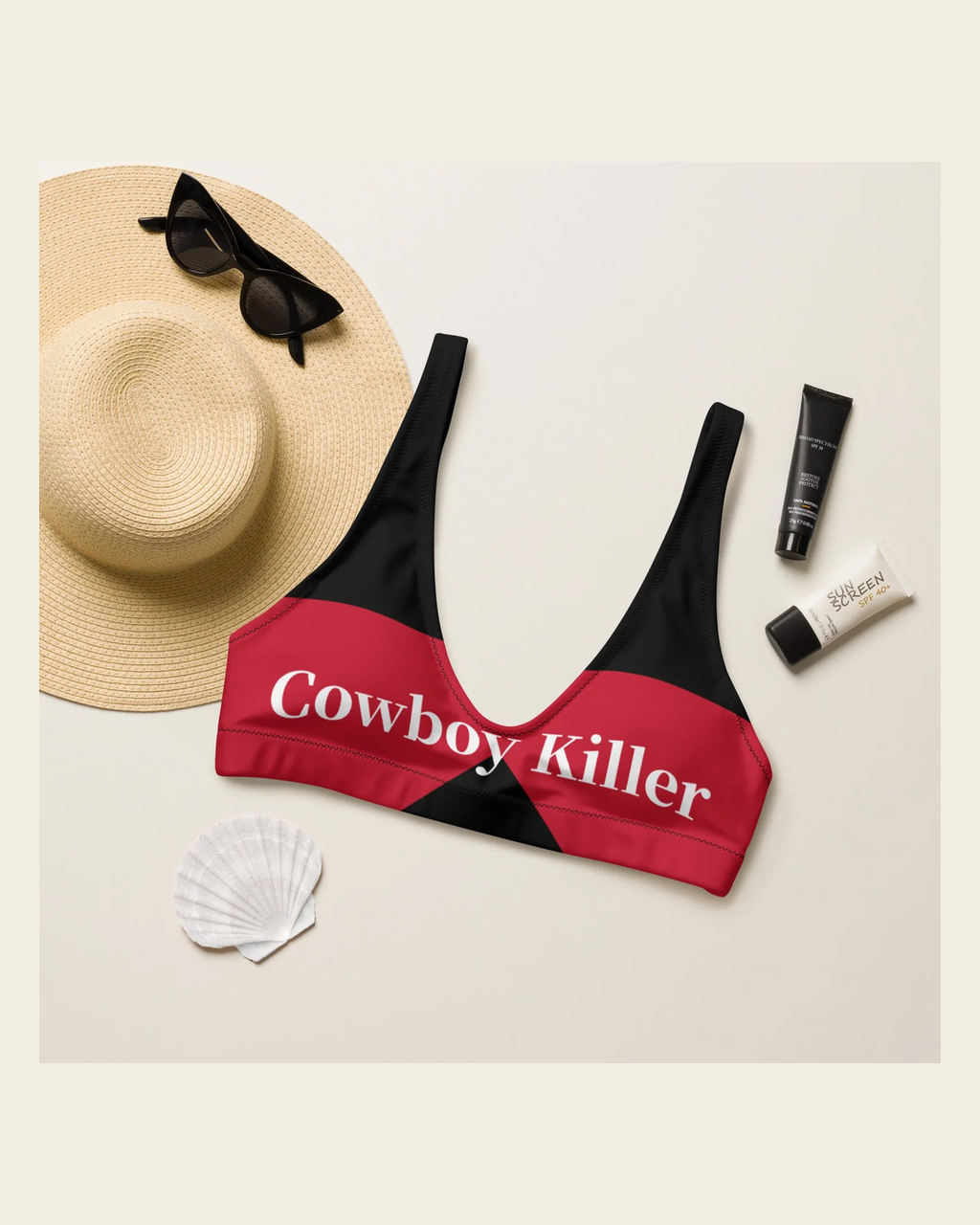 Baha Ranch Yeehaw Cowboy Killer Bikini Top on a warm cream background