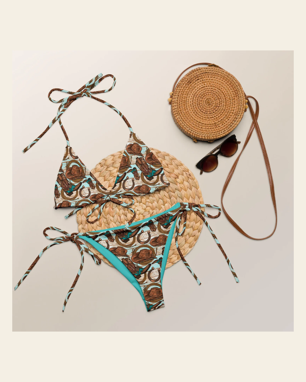 Baha Ranch Yeehaw Cowboy Up String Bikini on a warm cream background