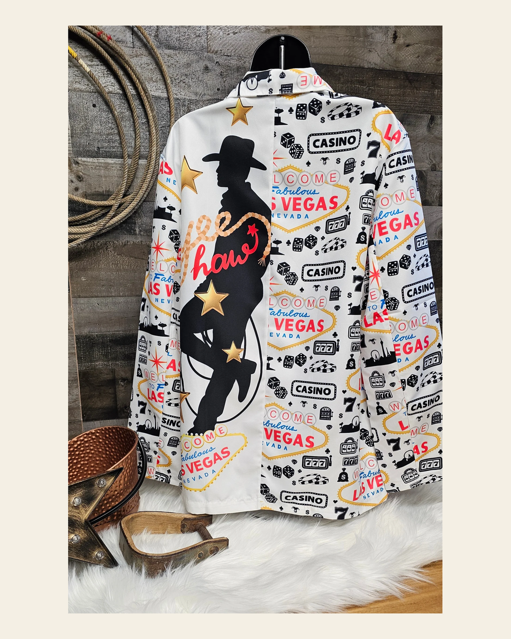 Baha Ranch Yeehaw Cowboy Vegas Women's Western Blazer on a warm cream background