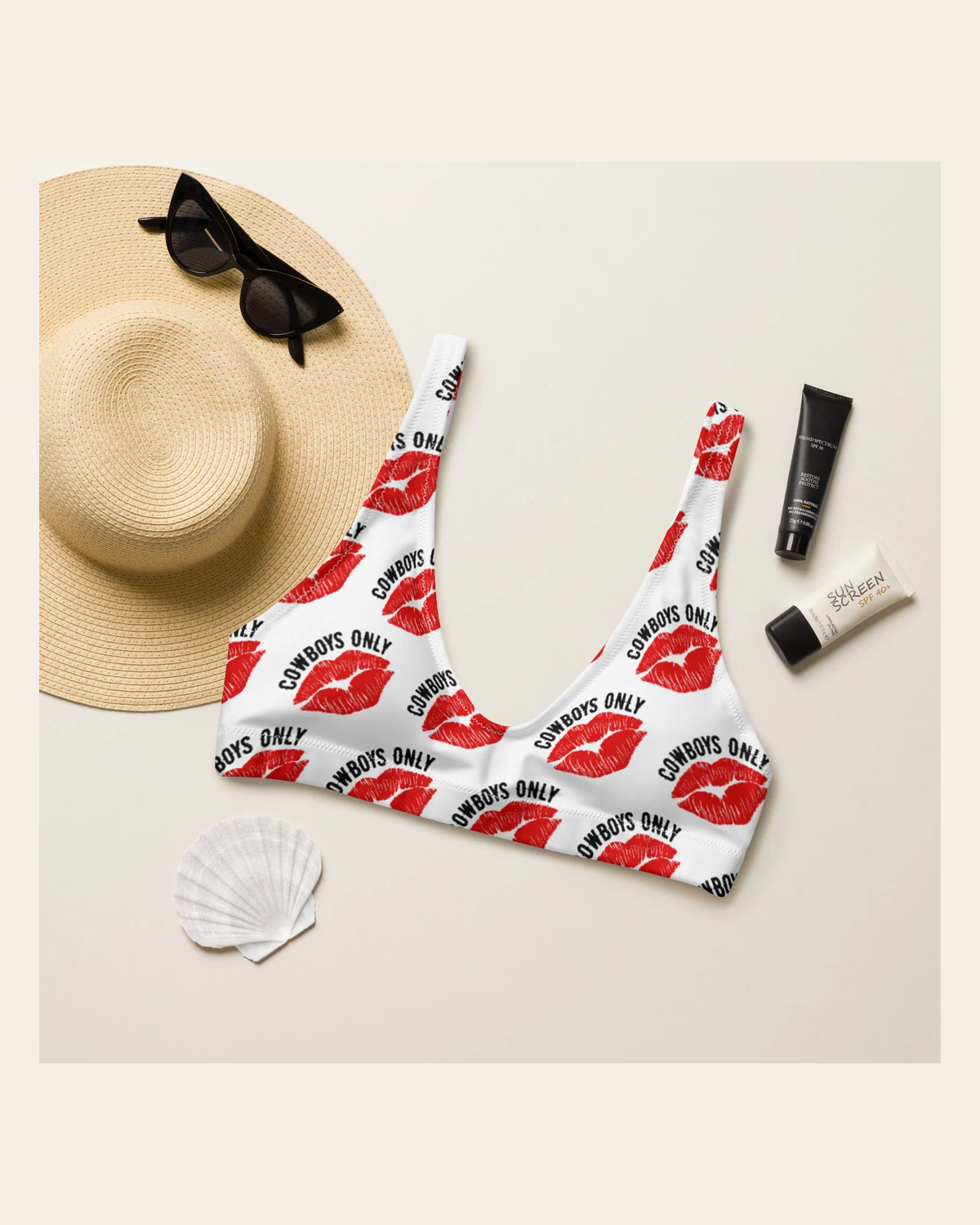 Baha Ranch Yeehaw Cowboys Only Bikini Top on a warm cream background