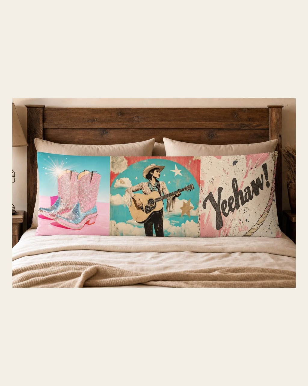 Baha Ranch Yeehaw Cowgirl Body Pillow Cover Made in America on a warm cream background