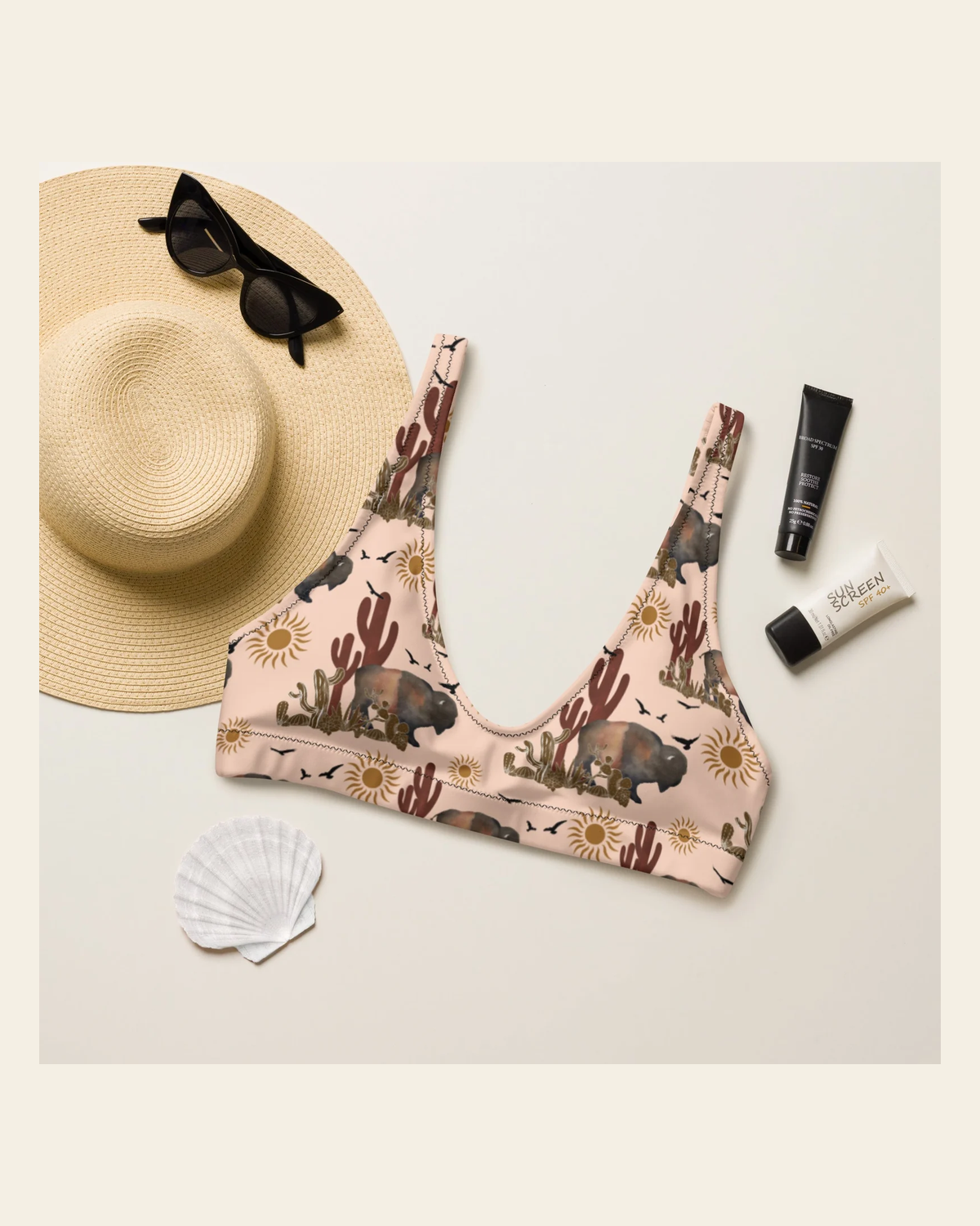 Baha Ranch Yeehaw Desert Bison Bikini Top on a warm cream background