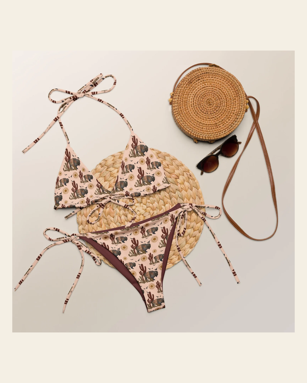 Baha Ranch Yeehaw Desert Bison String Bikini on a warm cream background
