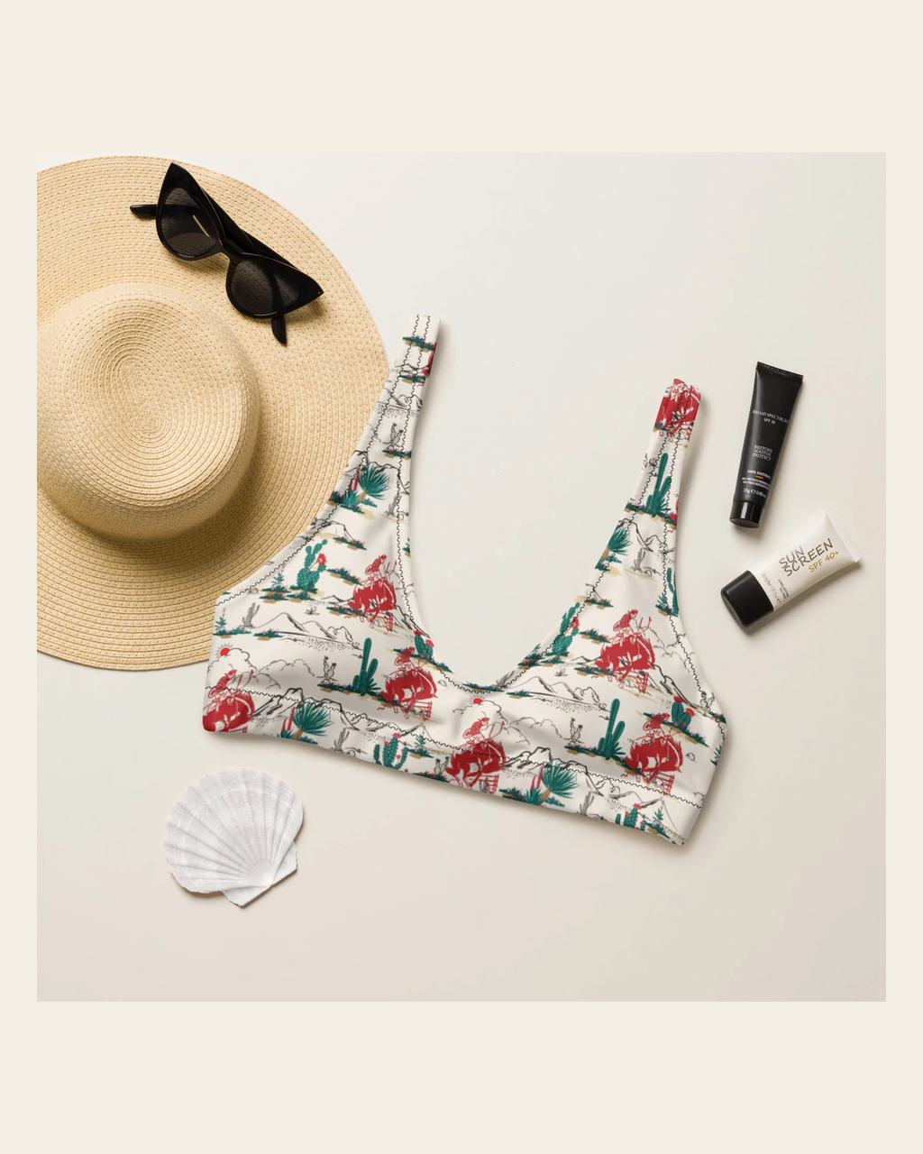 Baha Ranch Yeehaw Desert Rodeo Bikini Top on a warm cream background