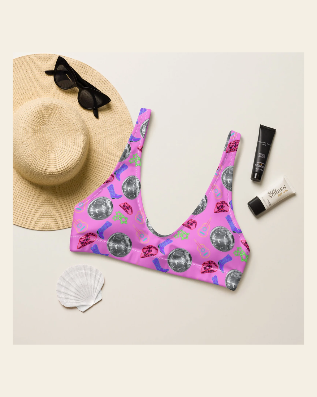 Baha Ranch Yeehaw Disco Cowgirl Bikini Top on a warm cream background