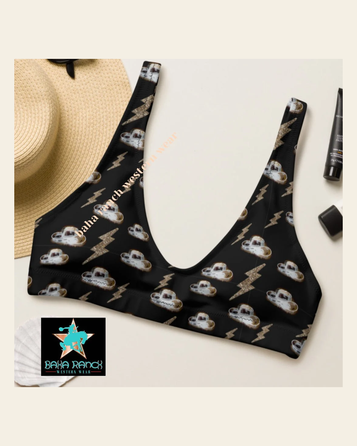 Baha Ranch Yeehaw Disco Cowgirl Bikini Top on a warm cream background