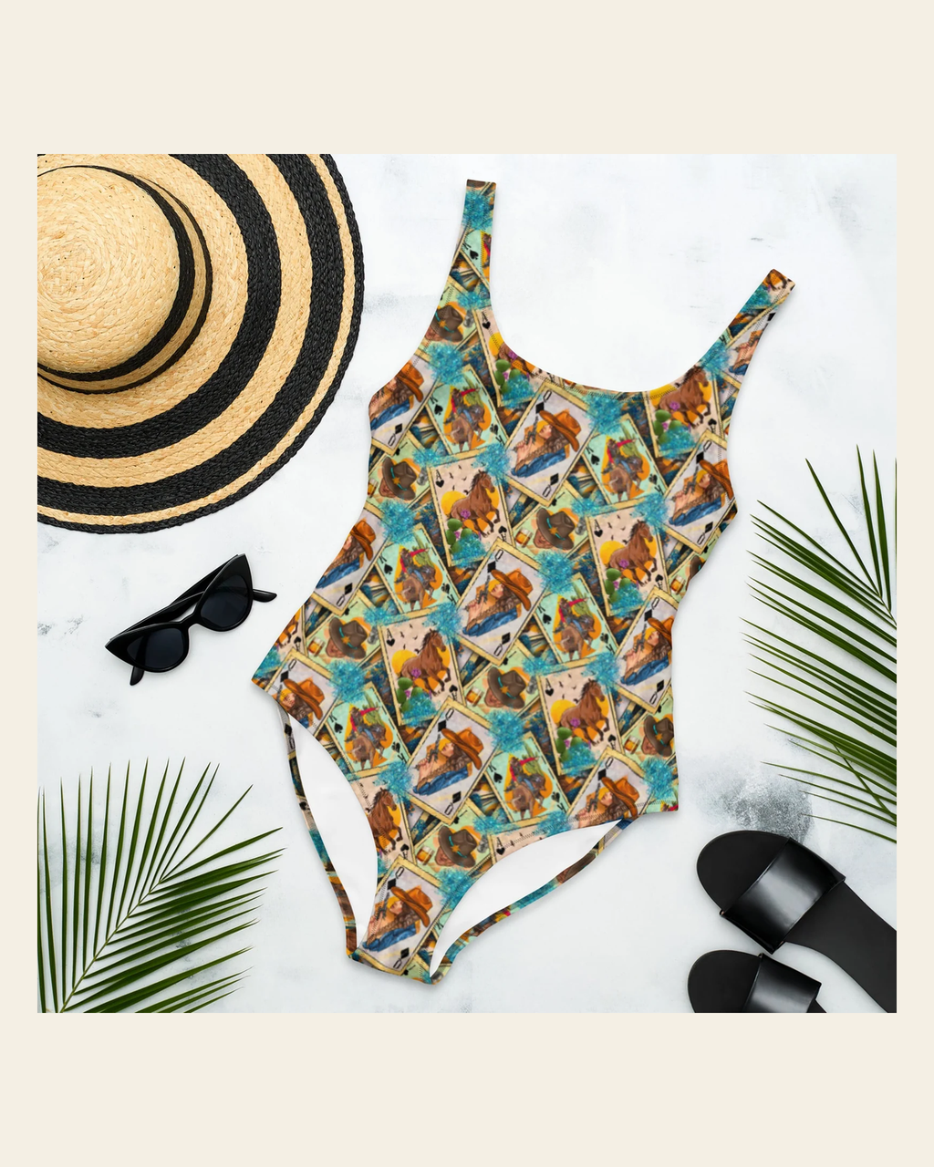 Baha Ranch Yeehaw Feelin' Lucky Cowgirl One-Piece Swimsuit on a warm cream background
