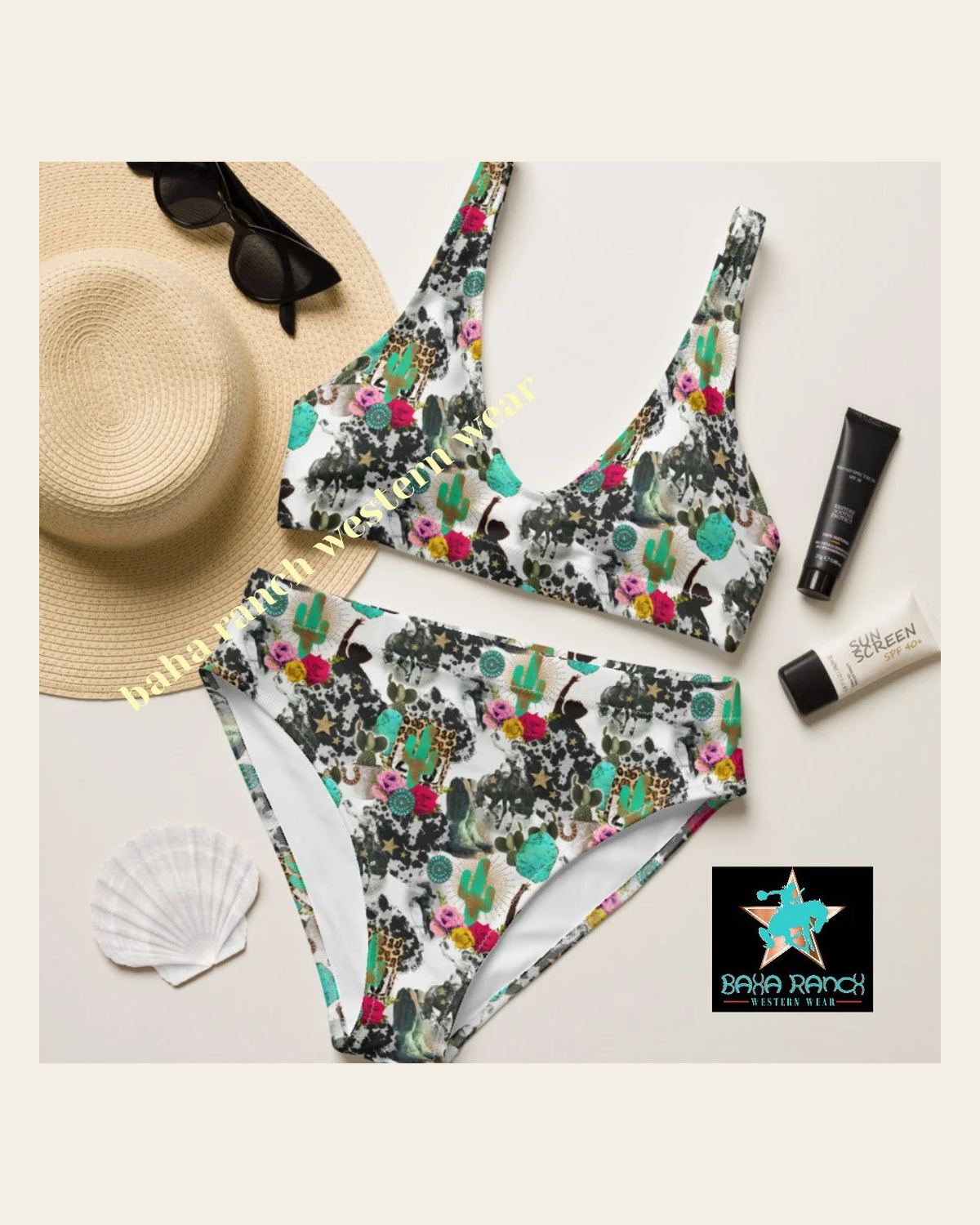 Baha Ranch Yeehaw Funky Cowgirl Collage Bikini on a warm cream background