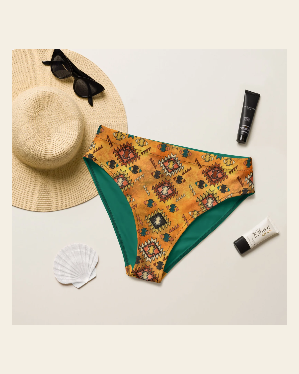 Baha Ranch Yeehaw Golden Aztec Bikini Bottom on a warm cream background