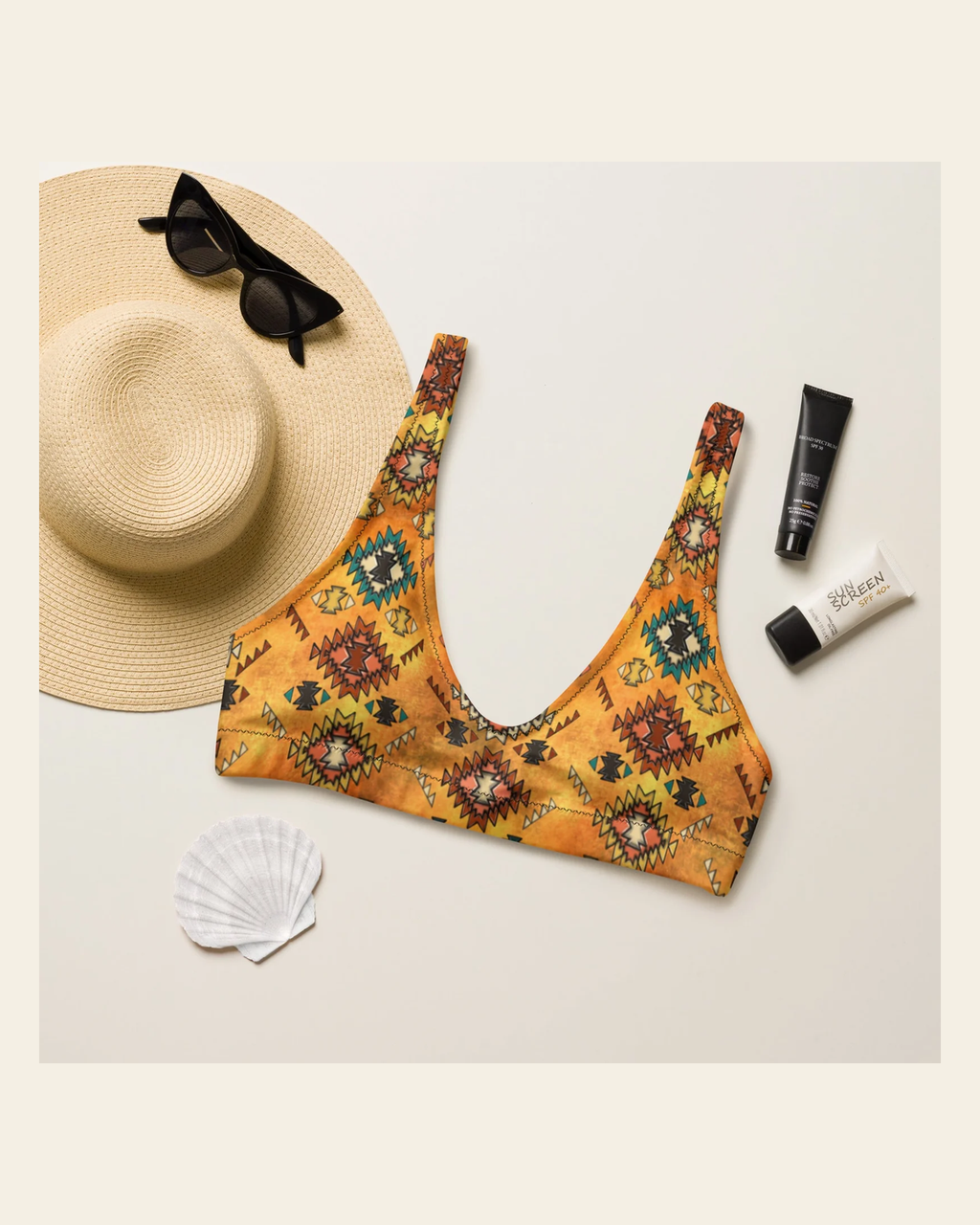 Baha Ranch Yeehaw Golden Aztec Bikini Top on a warm cream background