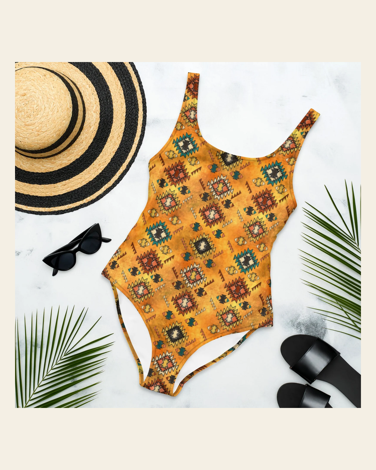 Baha Ranch Yeehaw Golden Aztec One-Piece Swimsuit on a warm cream background