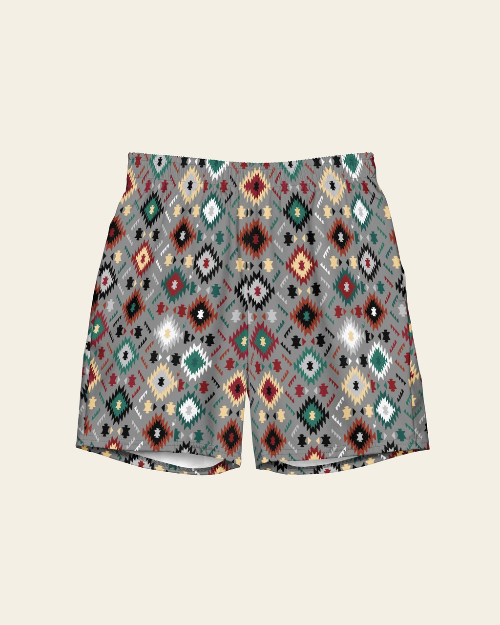 Baha Ranch Yeehaw Gray Aztec Men's Swim Trunks on a warm cream background