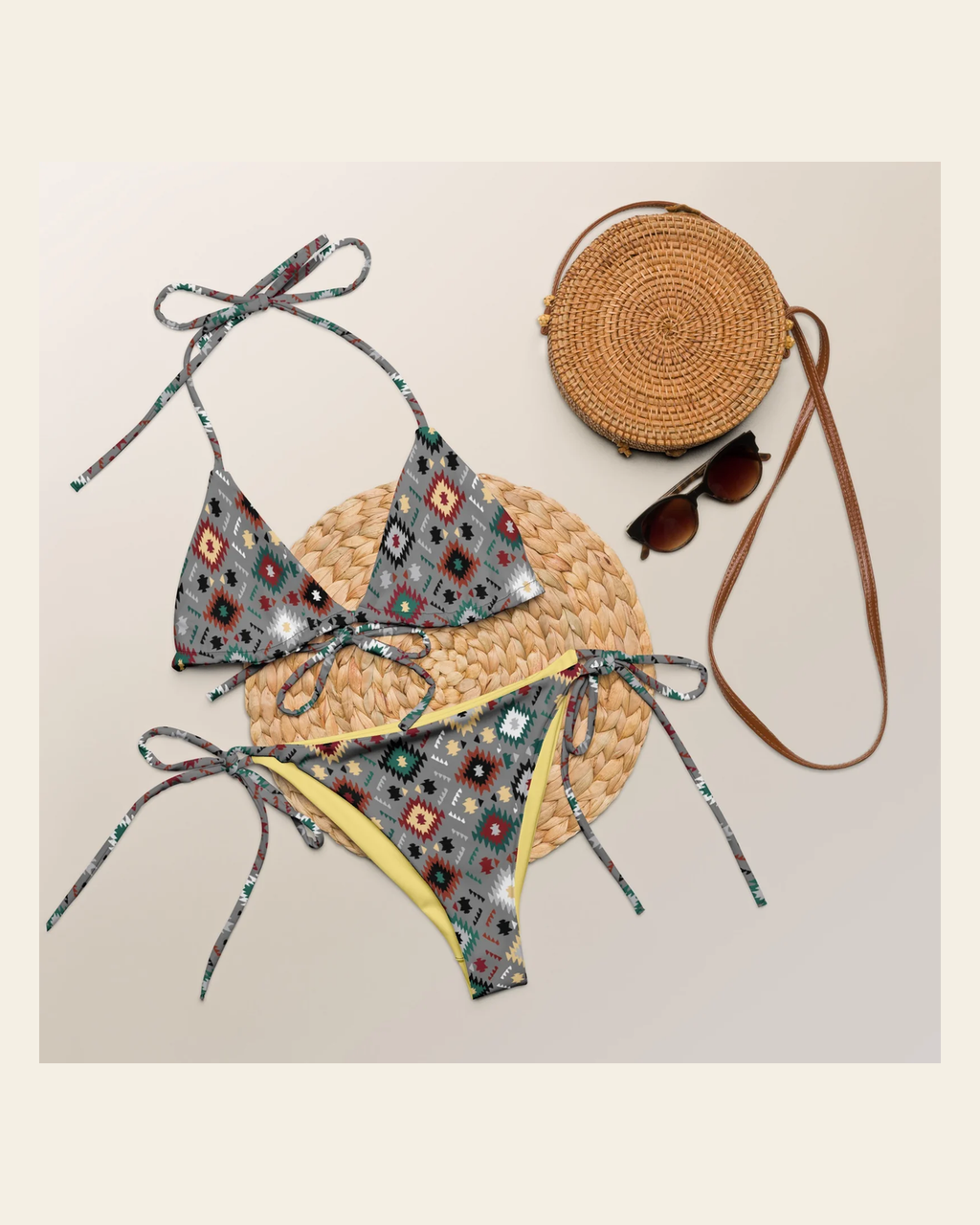 Baha Ranch Yeehaw Gray Aztec String Bikini on a warm cream background