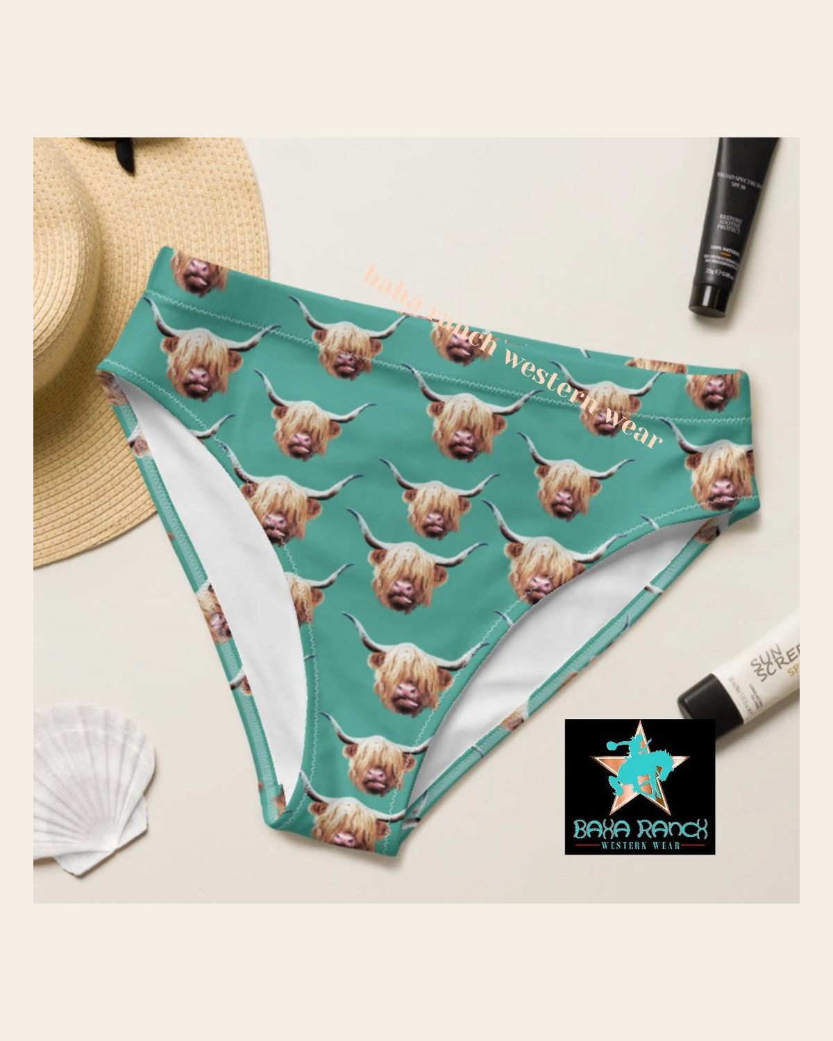 Baha Ranch Yeehaw Highland Cow Bikini Bottom on a warm cream background