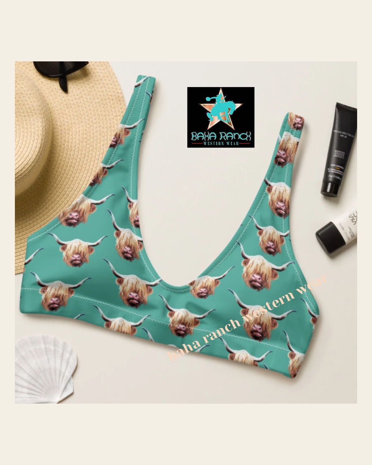 Baha Ranch Yeehaw Highland Cow Bikini Top on a warm cream background