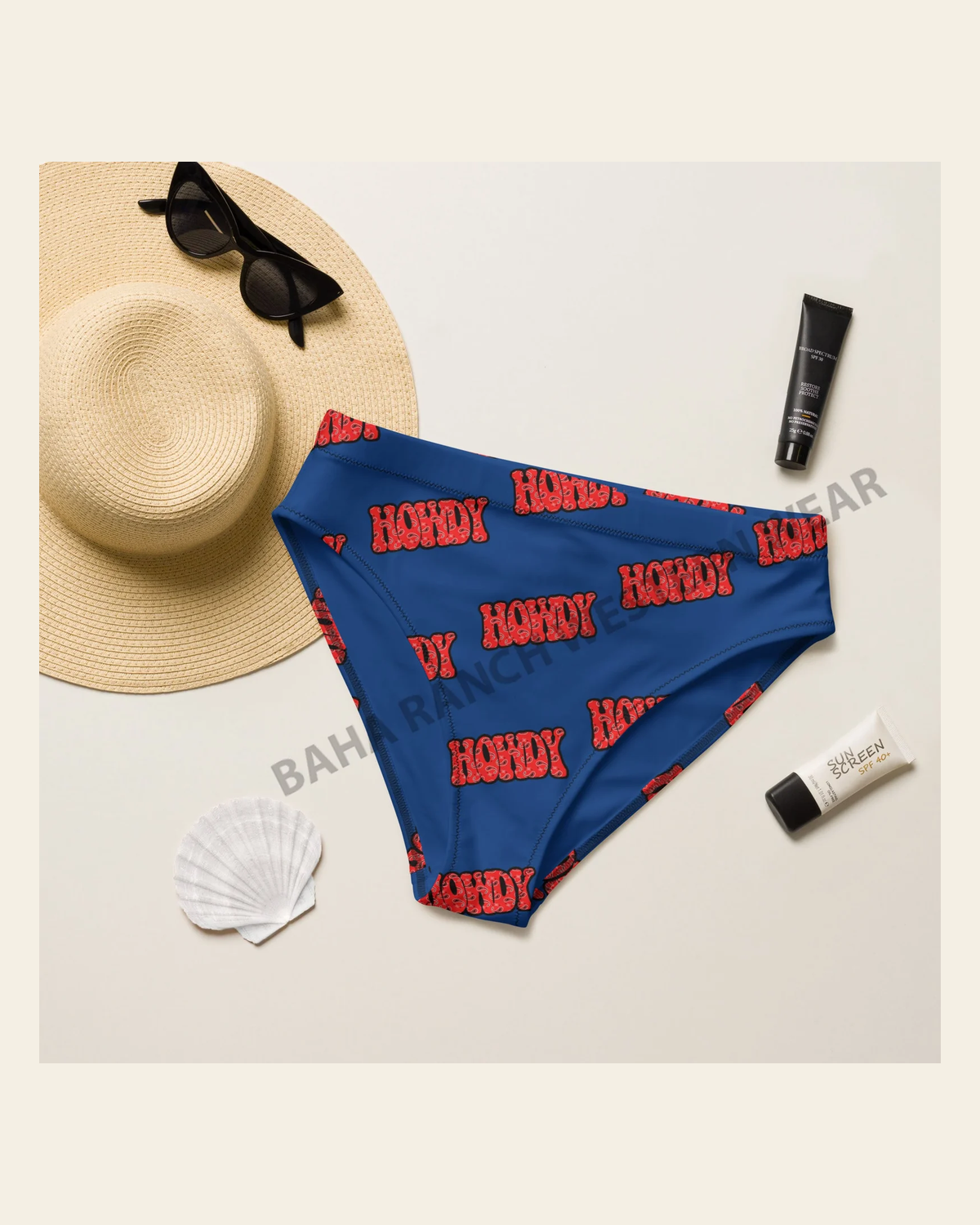 Baha Ranch Yeehaw Howdy Bikini Bottom on a warm cream background