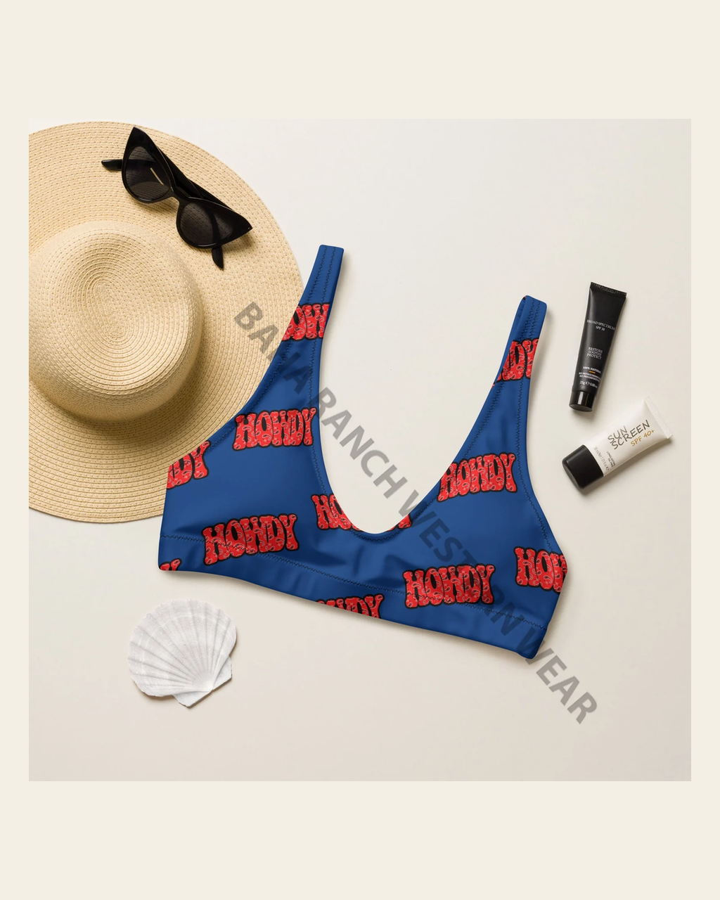 Baha Ranch Yeehaw Howdy Bikini Top on a warm cream background