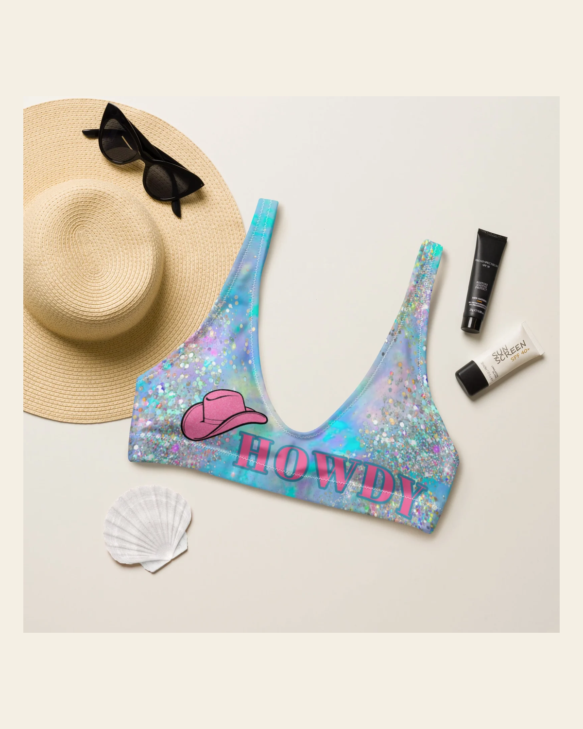 Baha Ranch Yeehaw Howdy Opal Glitter Bikini Top on a warm cream background