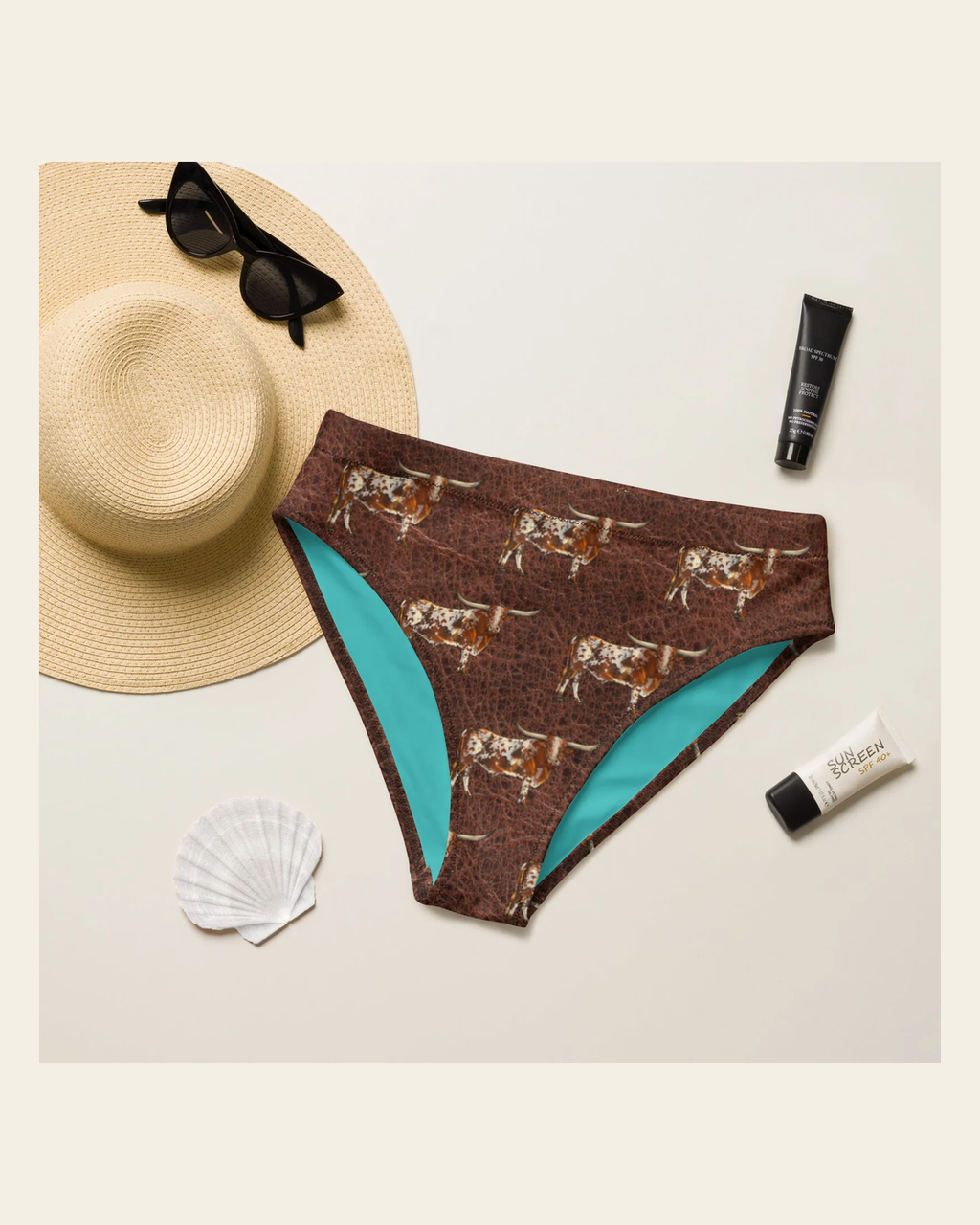 Baha Ranch Yeehaw Leather & Longhorns Bikini Bottom on a warm cream background