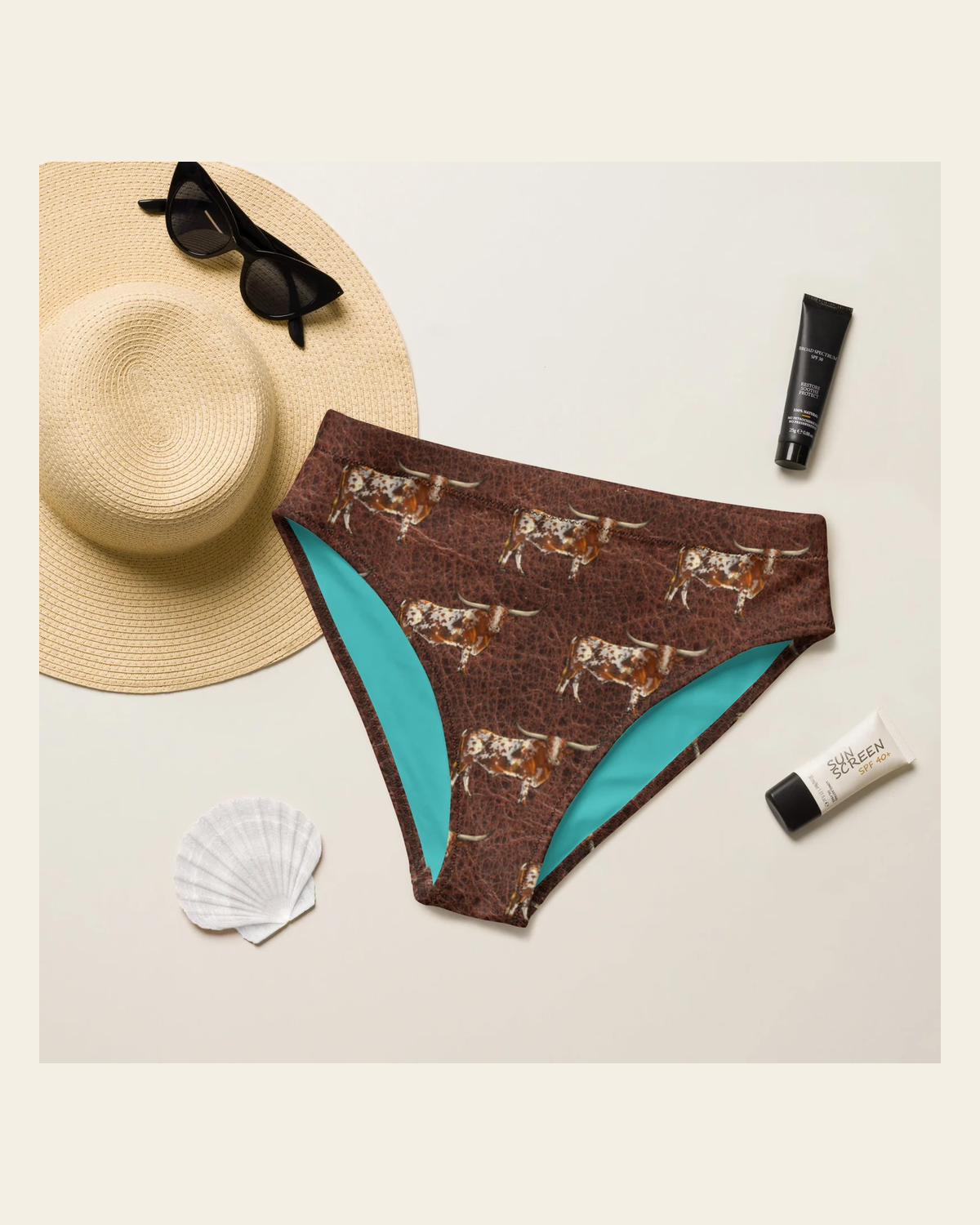 Baha Ranch Yeehaw Leather & Longhorns Bikini Bottom on a warm cream background