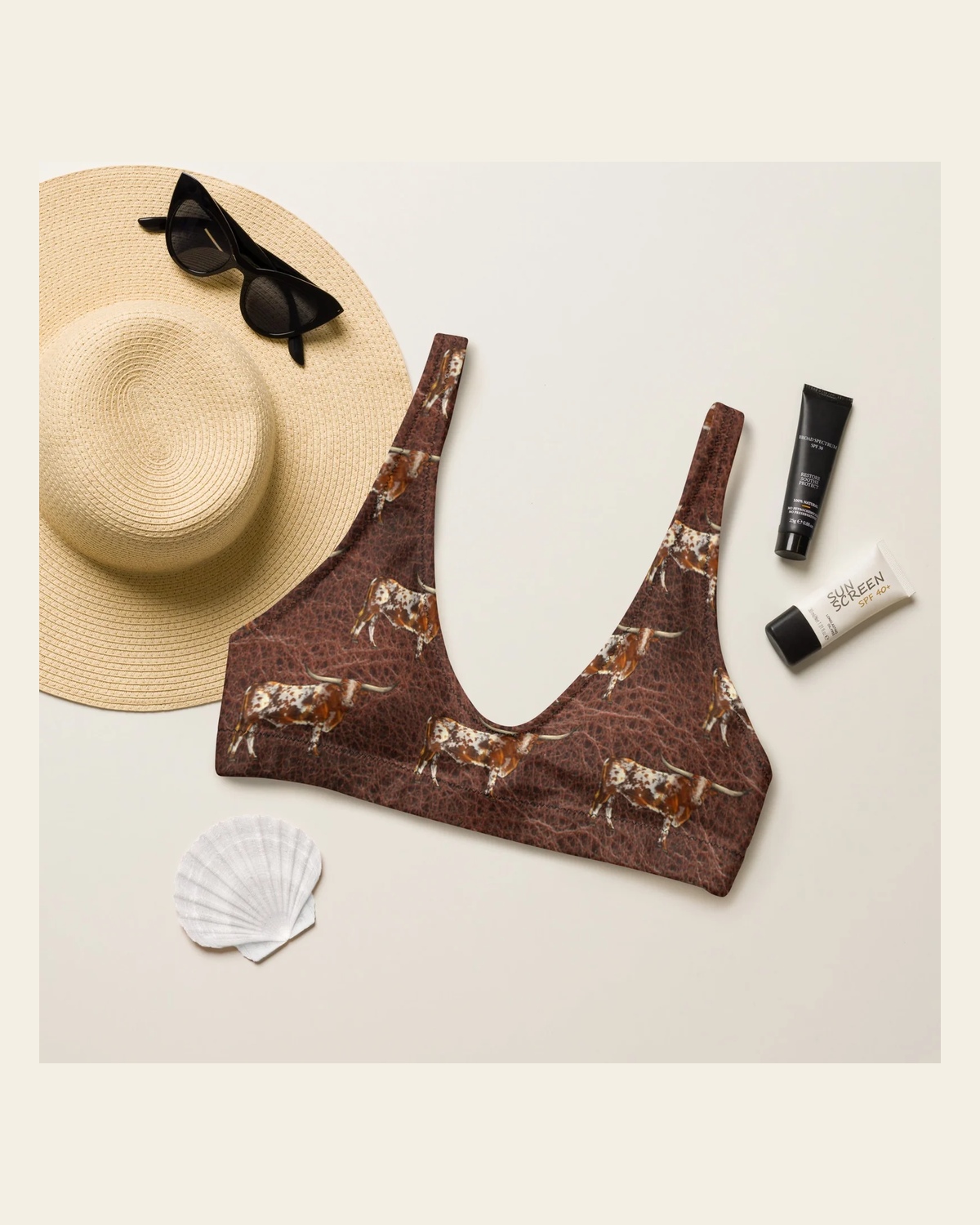 Baha Ranch Yeehaw Leather & Longhorns Bikini Top on a warm cream background