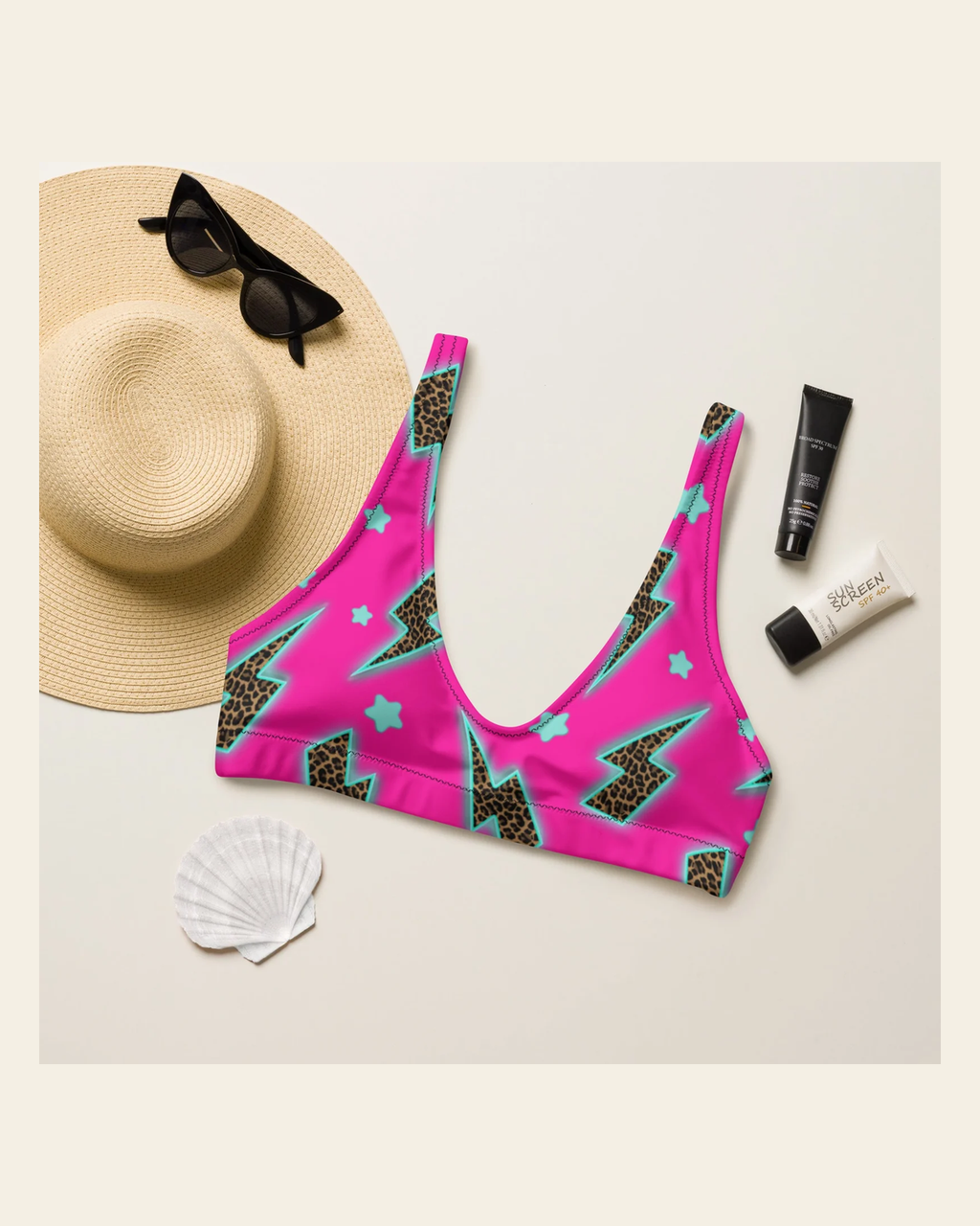 Baha Ranch Yeehaw Leopard Lightning Bikini Top on a warm cream background