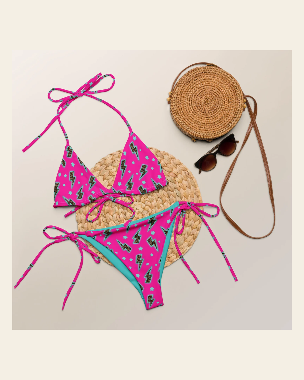 Baha Ranch Yeehaw Leopard Lightning String Bikini on a warm cream background